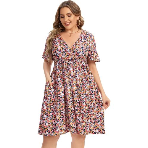 Size 3XL AMZ Plus Womens Plus Size Casual Dress Wrap Dress Swing Dresses Plus Size a Line Party Mini Dress