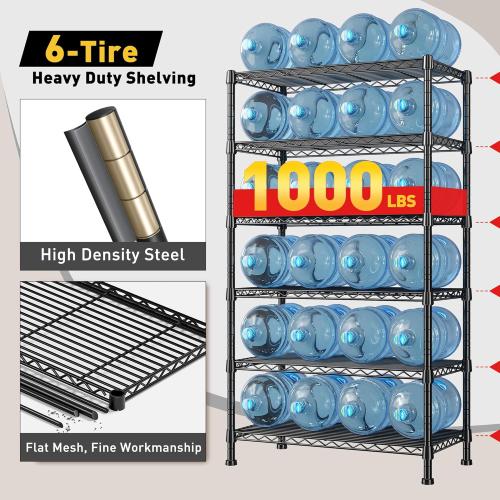 REIBII 6-Tier Storage Shelves Metal Shelving for Storage Load 1000 LBS,Wire Shelves Heavy Duty Shelving Unit Adjustable Pantry Shelf Bathroom Kitchen Garage 24 W x 14 D x 71 H, Black