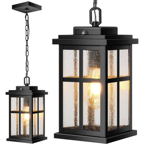VIANIS Dusk to Dawn Large Outdoor Pendant Light Fixture, Black Modern Outdoor Hanging Porch Light, Anti-Rust Waterproof Exterior Chandelier for Porch with Adjustable Chains, Exterior Pendant Light