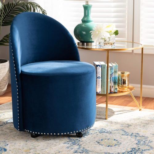 Baxton Studio Bethel Glam and Luxe Navy Blue Velvet Fabric Upholstered Rolling Accent Chair  ( the  polyurethane wheels is broken see the pictures)