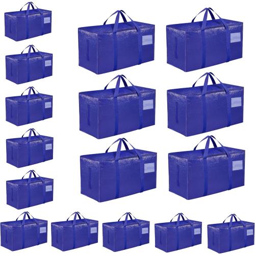 16 Pack-Extra Large Heavy Duty Moving Bags - Waterproof Storage Totes with Handles & Zippers, Foldable for College Dorm, Storage (Blue)
