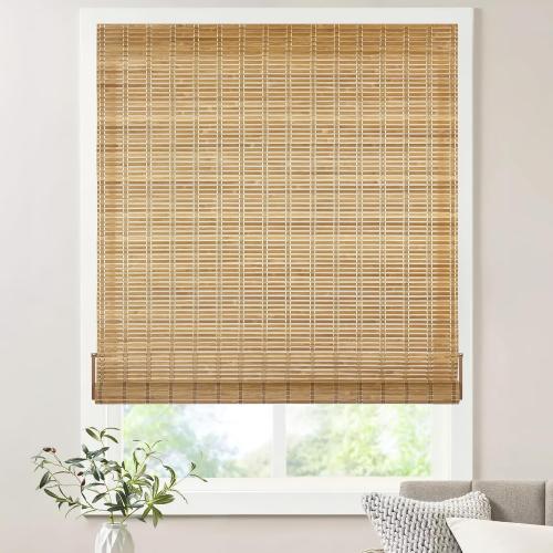 LazBlinds No Tools No Drill Bamboo Roller Shades, Cordless Bamboo Blinds, Light Filtering Roll Up Blinds for Windows, French Door, Porch or Patio Privacy Screen, 30'' W x 64'' H, Brown206