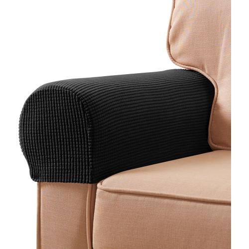 SUBRTEX Stretch Couch Arm Covers Set of 2, Checkered Sofa Arm Slipcovers, Anti-Slip Armrest Covers for Recliner and Armchairs, Pet Proof, High Stretchy, Hook & Loop Tape, Black
