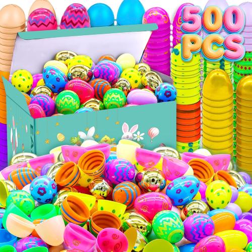 RALLYPANDA 500Pcs Empty Plastic Easter Eggs Bulk, Include 20 Golden Eggs, Fillable Easter Eggs for Easter Hunt, Basket Stuffers Fillers,Theme Party Favor Decoration, Easter Classroom Prize Supplies