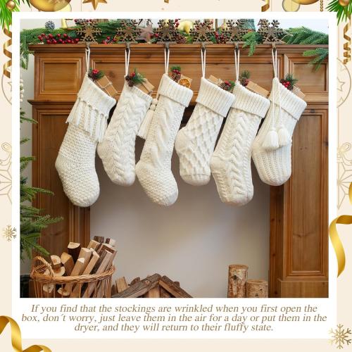 steo spce 6 Pack Vintage Knit Christmas Stockings – White Beige Apricot Rustic Boho Farmhouse Cable Knitted Holiday Set