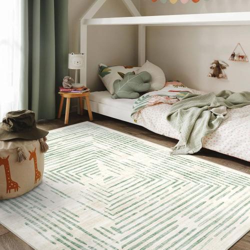Washable Area Rug - Soft Modern Throw Rugs for Living Room Non-Slip Ultra-Thin Sage Green Lines Borderd Abstract Rugs for Bedroom Entryway Kitchen Foyer Mudroom Dorm Dining Room Carpet