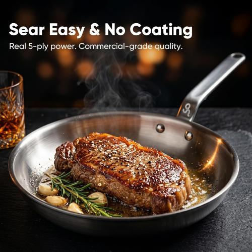 12 5-Ply Stainless Steel Frying Pan | dual aluminum core, uncoated surface, oven & broiler safe 800°F, induction ready, dishwasher safe, searing & family meals