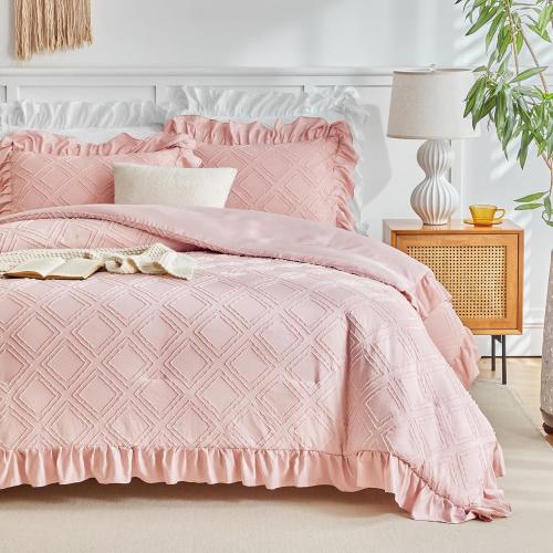 Tufted Ruffle Comforter Set Twin Size, Blush Pink Ruffled Farmhouse Comforters, Luxury Solid Soft and Embroidery Shabby Chic Boho Bohemian Bedding Set for Girls