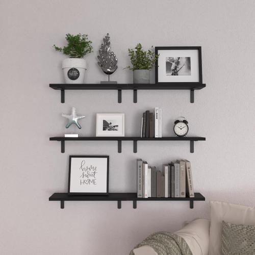 WOPITUES Wood Floating Shelves Set of 6, Shelves for Wall Decor, Farmhouse Shelf for Bedroom, Bathroom Storage Shelves, Book Shelves for Living Room-Black***