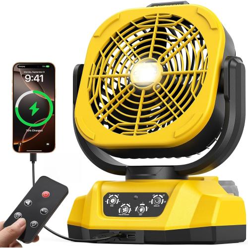 Battery Operated Fan for Dewalt 20V Max battery, Camping Fan with USB A/C & LED Lights, 4 Speeds & Remote Control, Portable/Cordless/Battery Powered fan, for Outside, Jobsite (Battery Not Included)