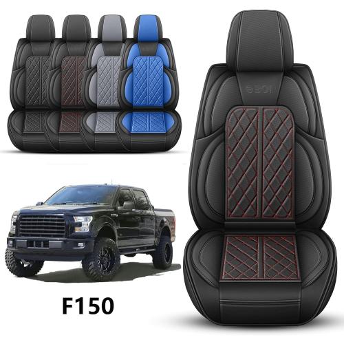 Color Black and Red Car Seat Cover Custom Fit for Ford F150 2009-2024 Faux Leather Seat Cover Set Compatible with Crew Quad Regular Cab Pickup Truck Cushions (Black Redline, Front Seat)