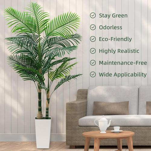 6ft Artificial Golden Cane Palm Tree with LED Fairy Lights & White Tall Planter - Lifelike Faux Tropical Palm Plant with Realistic Trunk and Palm Leaves for Home Office Living Room Corner Decor