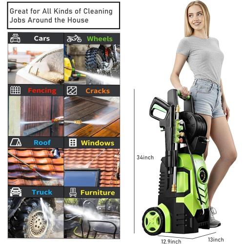 2025Upgraded Pressure Washer 5000PSI with Adjustable Touch Screen 8 Level, 34 Tall, 4 Quick Connect Nozzles,Inlet Hose&Filter&500mlFoam Cannon for Cars/Fences/Driveways/Home Cleaning,Yellow