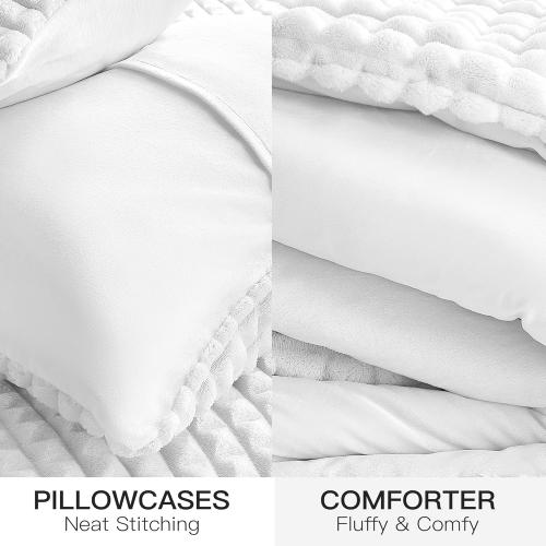 White 3Pc  Plush & Plaid Queen Fluffy Fleece Comforter Set with 2 Pillowcases, Extra Soft Warm Winter Bedding Set for Men Women Kid, Thick Heavy-Weight Luxury Furry Bed Set for Boy Girl, White
