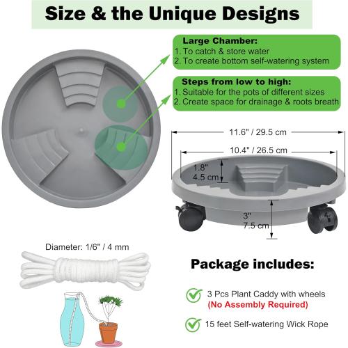 3 Pack 11 inch Plant Caddy with Lockable Wheel, Drainage & Self-watering Design, Movable Wheeled Round Planter Stand Coaster Trolley, Flower Pot Dolly Rack Tray on Rolling Caster Roller Indoor Outdoor