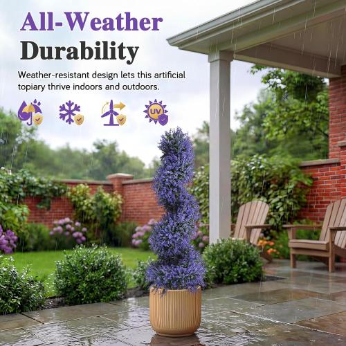 PATIO CHOICE 3ft Artificial Topiary Spiral Trees with Lavender Set of 2 High End Outdoor Faux Plants Realistic Fake Bushes Lilac Shrubs Decorations for Outdoor Front Porch Garden