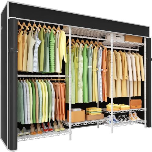 Ulif E13C Heavy Duty Closet Organizer System，Freestanding Clothing Racks for Hanging Clothes，Adjustable Garment Rack 63 W x 16 D x 77 H Hold 960 lbs，White Clothing Rack with Black Dustproof Cover