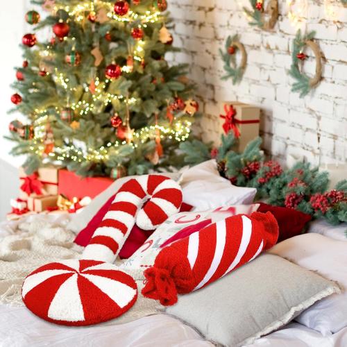 3 Pcs Christmas Pillows Decorative Throw Pillows Candy Merry Christmas Tree Stuffed Wool Soft Xmas Plush Cushion for Sofa Couch Bedroom Living Room(Red)