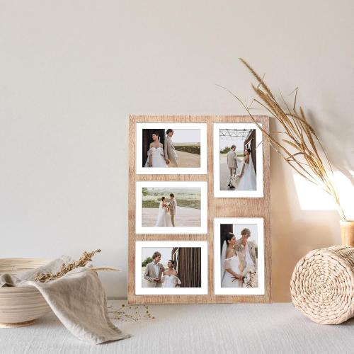 4x6 or 5x7 Picture Frames, Rustic Brown Wooden Frame with Real Glass, Displays Pictures Five 4x6 with Mat or 5Pcs 5x7 without Mat for Wall Mounting, Photo Collage Frame