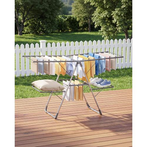 Sakugi Clothes Drying Rack, Foldable 2-Level Laundry Drying Rack with Height-Adjustable Wings, for Clothing & Bedding, Free-Standing Space-Saving Rack, Indoor & Outdoor, 55.5 L × 22.8 W, Gray