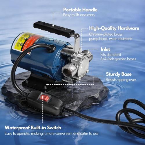 Portable Electric Water Transfer Pump, 115V 1/10HP 330GPH Garden Pump with On/Off Switch Suction Hose Kit for Low Suction Pumping from Garden Pool Aquarium Hot Tub Rain Barrel Water Bed