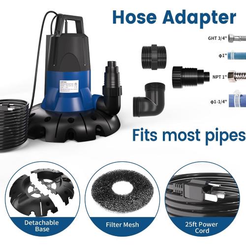 Size 1/2 HP Automatic Pool Cover Pump 3148 GPH Submersible Sump Pump Inground & Above Ground, Heavy Duty Water Pump with 25 Feet Power Cord for Swimming Pool Garden Pond Basement Window Well