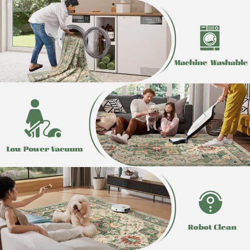 Area Rug 8x10 Washable Rug, Vintage Boho Medallion Rugs Non-Slip Soft Low Pile Large Distressed Rug Indoor Retro Carpet for Living Room Bedroom Dining Room Home Office (Green Beige, 8'x10')