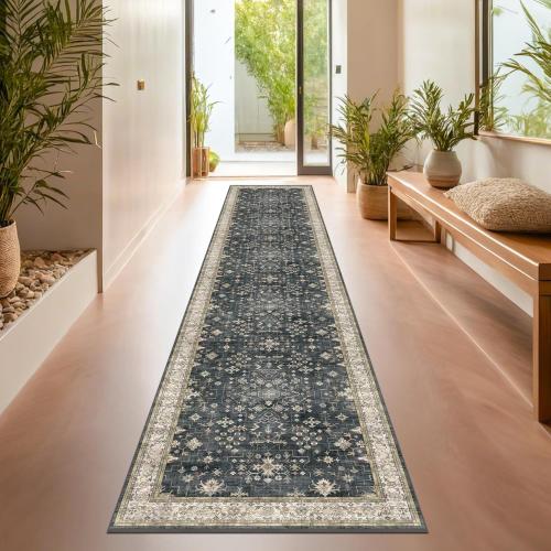 Black Boho Washable 2x10 Hallway Runner Rug - Extra Long Runners for Kitchen, Bathroom, Stair, Non-Slip Floor Carpet Rugs for Large Entryway Indoor, Vintage Multi Ashen Floral Decor