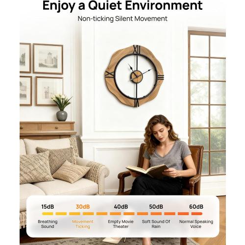 MASHI Large Wall Clock for Living Room Decor,Non Ticking Silent,Battery Operated Round Modern Wood Wall Clock for Farmhouse Home,Bedroom,Kitchen,School,Office Decor (20 Inch)