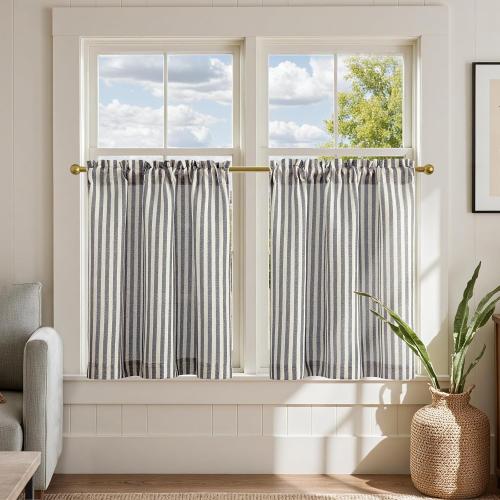 jinchan Linen Kitchen Curtains 24 Inch Length Striped Tier Curtains Ticking Stripe Small Drapes for Living Room Bathroom Cafe Small Window Farmhouse Rustic Pinstripe Rod Pocket 2 Panels Black