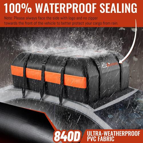 Black Car Rooftop Cargo Carrier - 21 Cubic Feet, 100% Waterproof Heavy Duty 840D Car Roof Bag for All Vehicles with/Without Racks - Anti-Slip Mat, 6 Door Hooks, Storage Bag, 2 Extra Straps