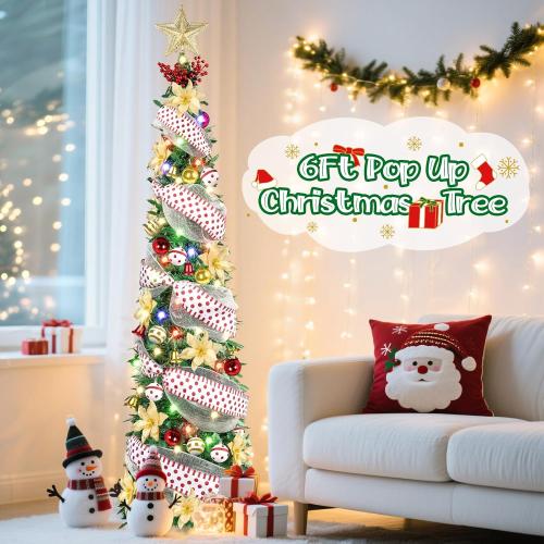 6Ft Prelit Pop Up Pencil Christmas Tree Decorations, Collapsible Artificial Christmas Tree with Lights, Foldable Pre Decorated with Ribbon Ornaments, Indoor Home Holiday Party Christmas Decorations