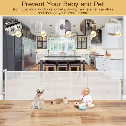 Reinforced 120 Inch Retractable Baby Gates Extra Wide Baby Gate with Reinforced Strips Indoor/Outdoor No Wrinkle Retractable Dog Gate for Doorway No Sag Outdoor Pet Gates for Wide Openings, White