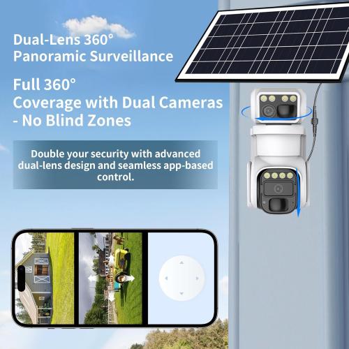 No WiFi Security Camera, 4G LTE Cellular Security Camera, 2K Solar Cellular Cam HD Dual Lens 360° Pan Tilt, Color Night Vision, PIR Motion Detection, IP66 Waterproof with Pre-Installed SIM(White)