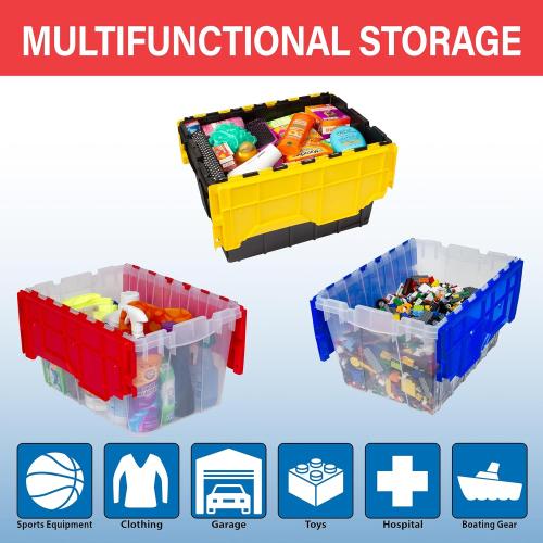 Storage Container, Nesting and Stackable Plastic Storage Box with Lid Attached, Clear Tote for Garages, Closets, and Moving,