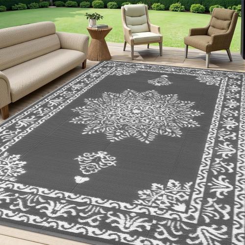 Yamaziot Outdoor Rug 5x8 Ft, Waterproof Plastic Straw Patio Rug, Reversible Backyard Carpet UV Resistant Portable RV Mat Clearance, Large Indoor Outdoor Rug for Patio, Porch, Deck, Balcony, Dark Gray