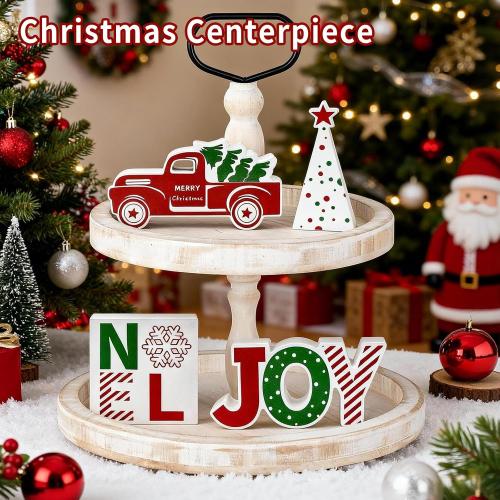 4 Pcs Christmas Table Decorations Indoor Wooden Red Truck Winter Tiered Tray Decor Rustic Merry Christmas Tree NOEL JOY Centerpiece Gift Farmhouse for Home Kitchen Shelf