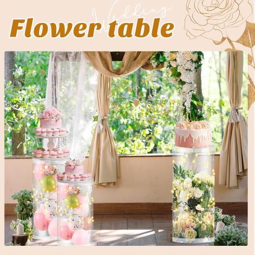 3 Pcs Cylinder Stands for Party, PVC Large Clear Cake Pedestal Stand, Round Reusable Dessert Display Tables for Birthday Wedding Baby Shower Decoration, 35. 4'' H, 29. 5'' H, 23. 6'' H