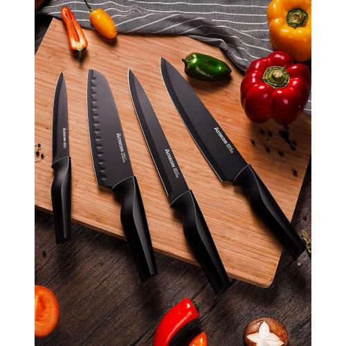Astercook Knife Set, Kitchen Knife Set with Built-in Sharpener Block, Dishwasher Safe, 15 Pieces German Stainless Steel Knife Block Set, Black