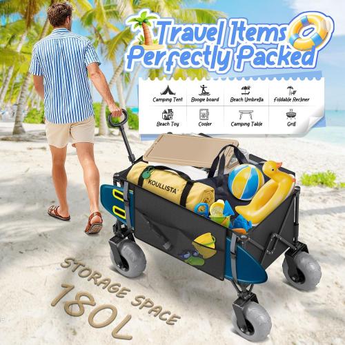 Beach Wagon with Big Wheels for Sand Heavy Duty Collapsible Wagon with 9 All Terrain Inflatable Tires, Foldable Beach Cart for Camping Outdoor Grocery Shopping Garden Sports
