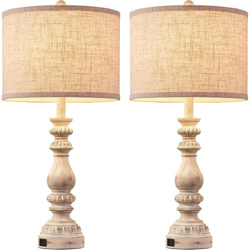 Farmhouse Bedside Lamps Set of 2 Bedroom Lamps for Nightstand with USB A C Ports, 28” Rustic Vintage Table Lamps for Living Room with Rotary Switch - Bulb Not Included