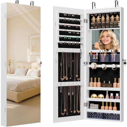 Unisakey Mirror Jewelry Cabinet,Lockable Wall or Door Mounted Jewelry Armoire Organizer With Built-up Mirror,LED Lights, Drawers,Cosmetic Trays,Shelves, 14.4x3.15x 43.1（White）