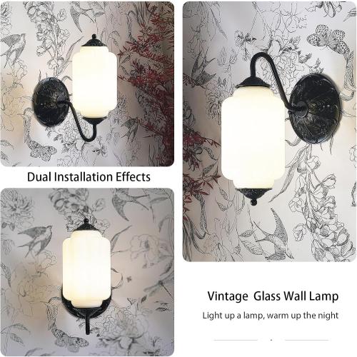 Antique Black Milk Glass Wall Sconce - Vintage Green Shade & Brass Finish Base - Indoor Wall Lighting Fixture for Living Room, Bedroom, Bathroom, Hallway, Entryway (White)