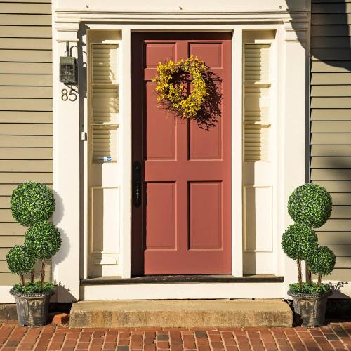 Artificial Boxwood Topiary Tree, 2.5ft Triple Ball Shaped Faux Topiary Tree w/Weighted Pot, Metal Frame, Fake Green Potted Plants Decoration for Indoor/Outdoor/Home/Office, Set of 2