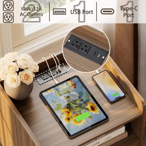 MECHYIN Night Stand Set 2, Nightstands Set of 2 with Charging Station, Rattan Side Tables with Solid Wood Legs, Boho Bedside End Table for Farmhouse Bedroom Dorm Small Space - Brown