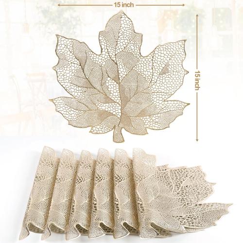 Gold Placemats Set of 8, Vinyl Table Mats Hollowed-Out Leaf Place Mats Dinner Table Decor Mats for Wedding Party Kitchen Decorations