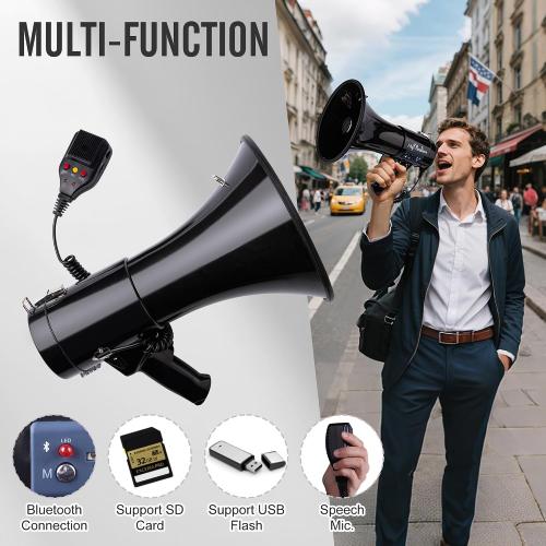 Black MyMealivos 50W Bluetooth Megaphone with Rechargeable Battery-Professional Bullhorn with Siren&240s Recording Supports USB/SD/3.5mm Aux-1600ft Range for Sports Police Emergency Outdoor Activities