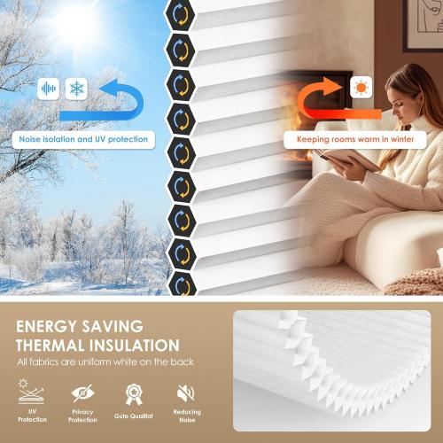 LazBlinds No Tools No Drill Cordless Cellular Shades, Light Filtering Honeycomb Shades for Home, Thermal Insulation Blinds for Windows, 36 W x 48 H, White