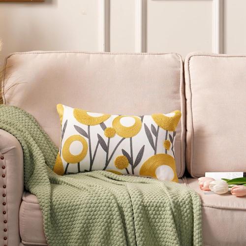 ARTMAGIC Embroidered Floral Throw Pillow Cover Boho Decorative Pillowcase | Yellow 12x20 Tufted Cushion Cover, For Couch Sofa Bed, Living Room Bedroom Decor