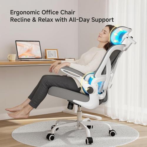 Ergonomic Office Chair, 330LBS Desk Chair with 3-Level Lumbar Support & Headrest, Breathable Mesh Backrest, Flip-Up Armrests for Home Office and Gaming, White